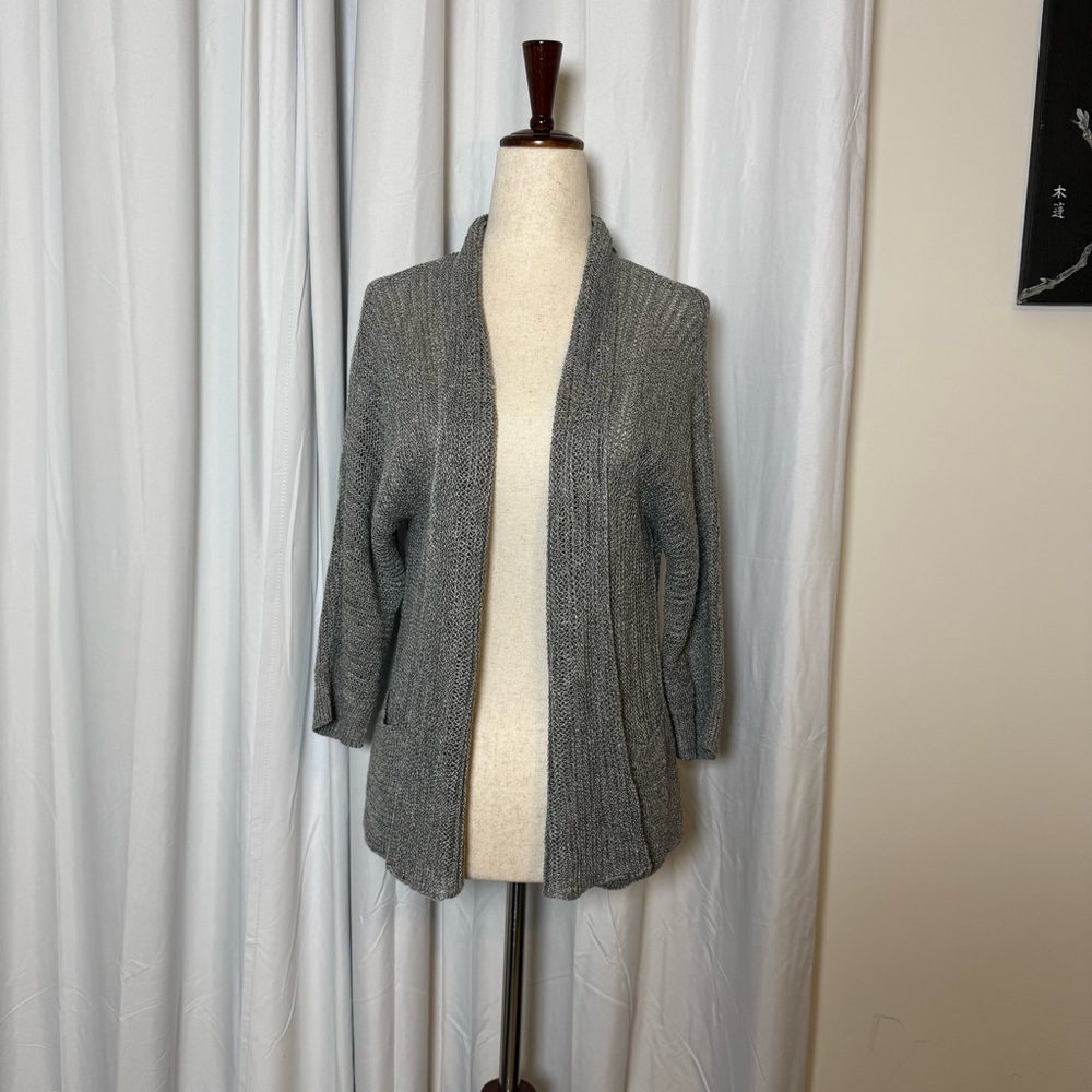 Eileen Fisher Linen Silk Open Cardigan Patch Pocket Sweater Small